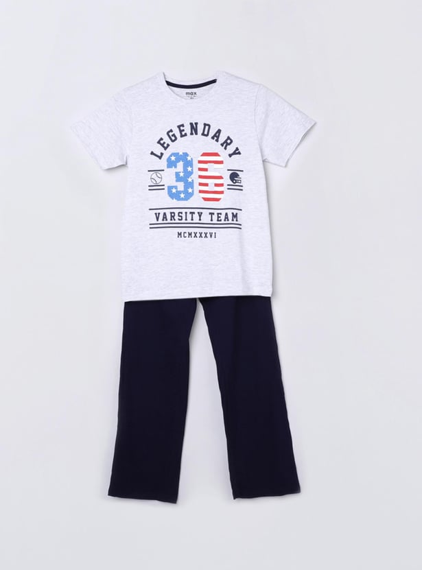 Boys Printed Round Neck T-shirt and Solid Pyjamas