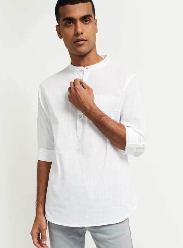 Men Solid Shirt Kurta with Band Collar