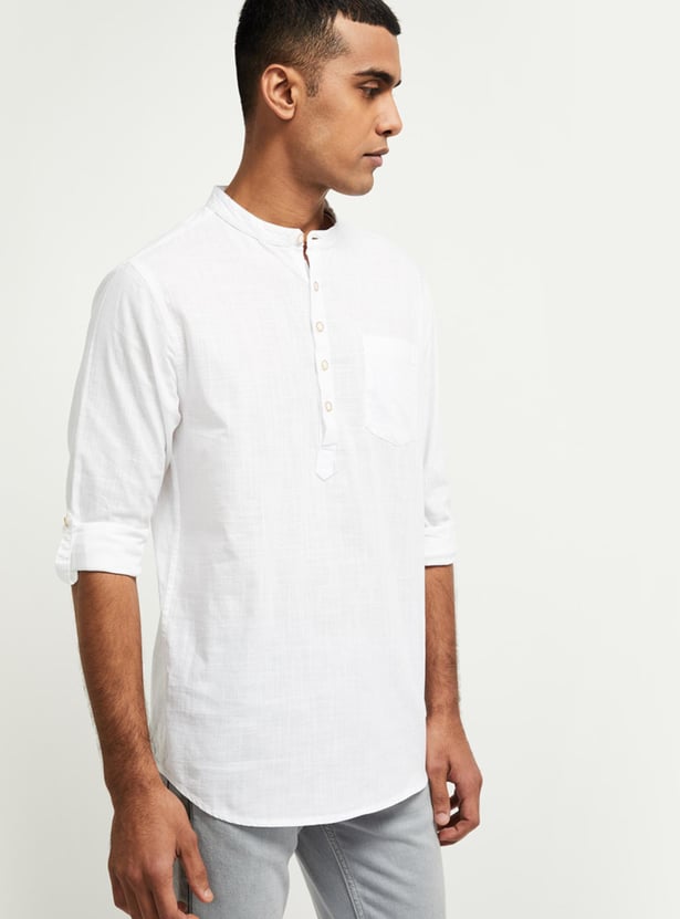 Men Solid Shirt Kurta with Band Collar