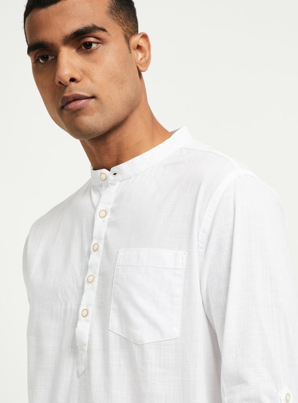 Men Solid Shirt Kurta with Band Collar