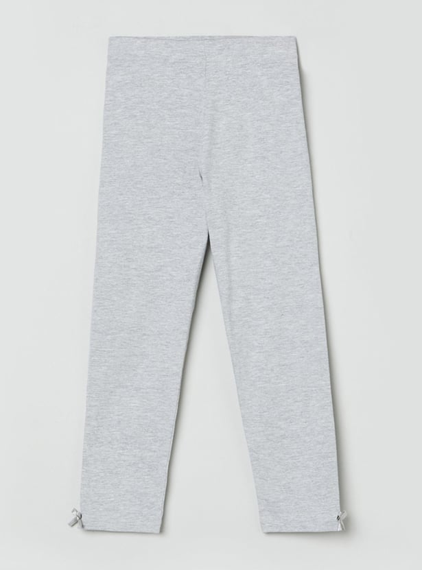 Girls Textured Elasticated Bow Detailed 3/4th Leggings