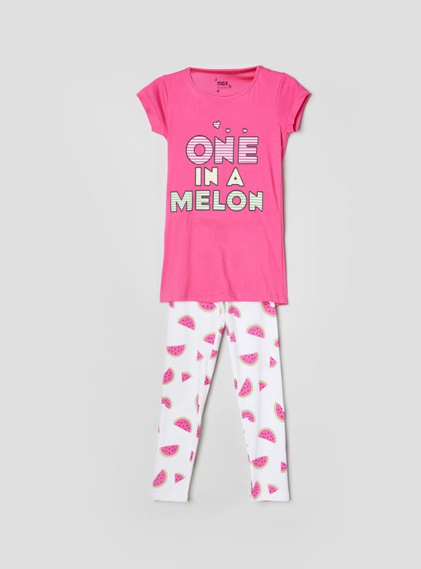 Girls Printed Round Neck T-shirt with Pants