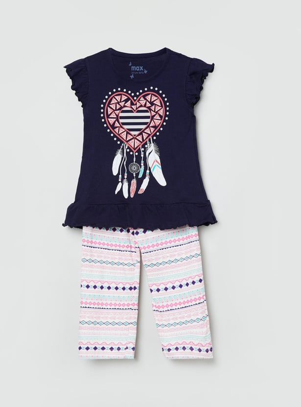 Girls Printed Round Neck T-shirt with Striped Pants 