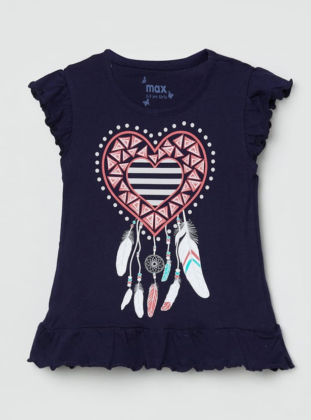 Girls Printed Round Neck T-shirt with Striped Pants 