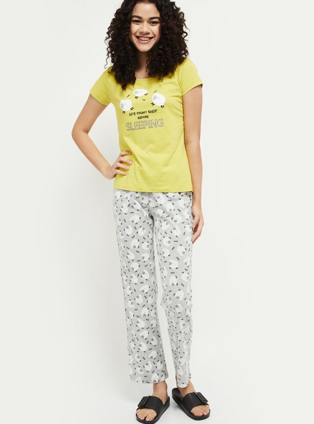 Women Printed Round Neck Lounge T-shirt with Elasticated Pyjama