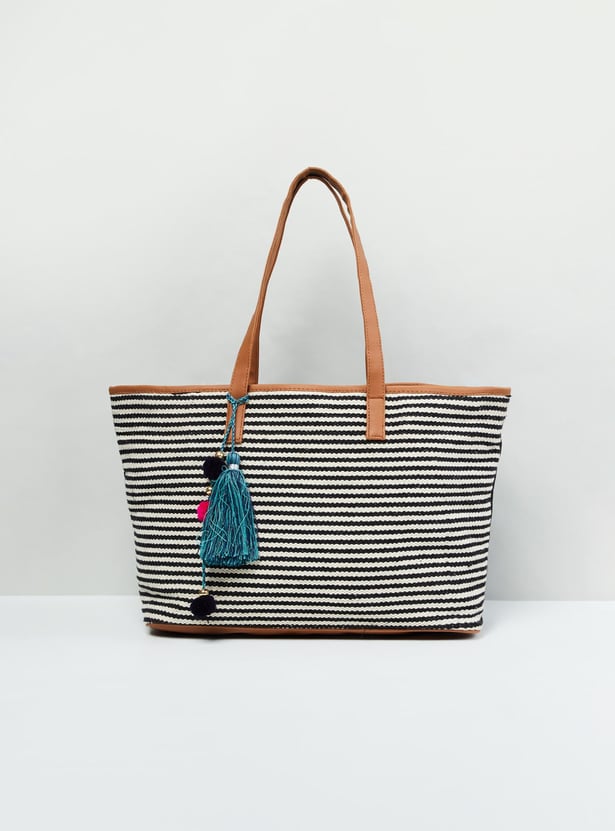Women Striped Tote Bag with Tassel Detail