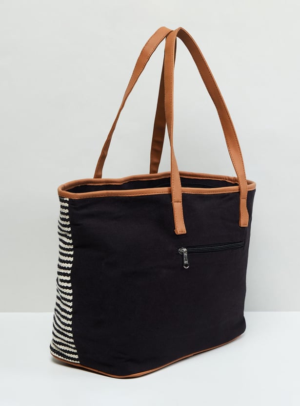 Women Striped Tote Bag with Tassel Detail