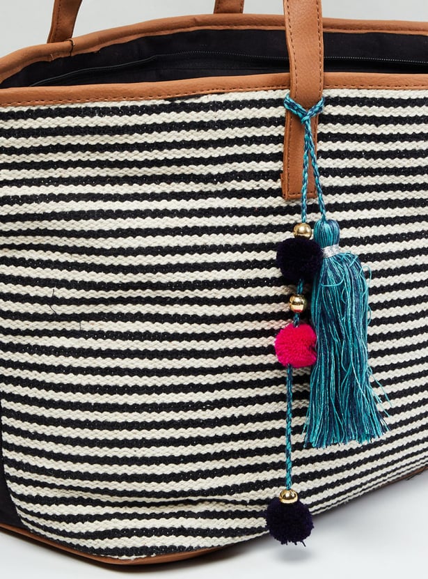 Women Striped Tote Bag with Tassel Detail