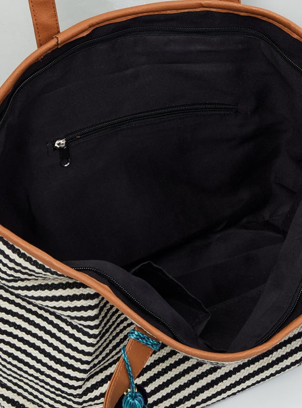 Women Striped Tote Bag with Tassel Detail