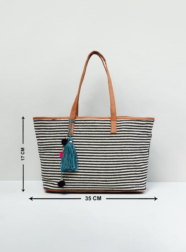 Women Striped Tote Bag with Tassel Detail