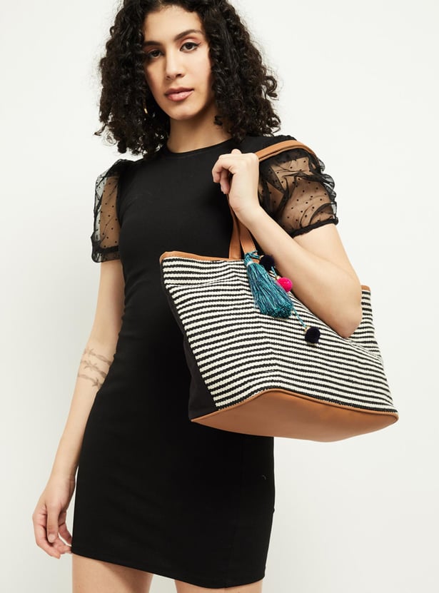 Women Striped Tote Bag with Tassel Detail