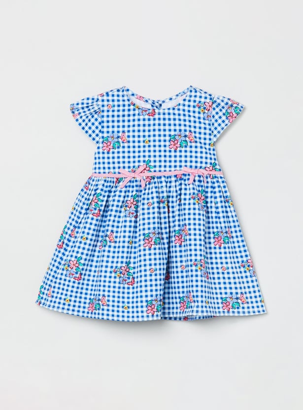 Girls Checked Round Neck A-line Dress