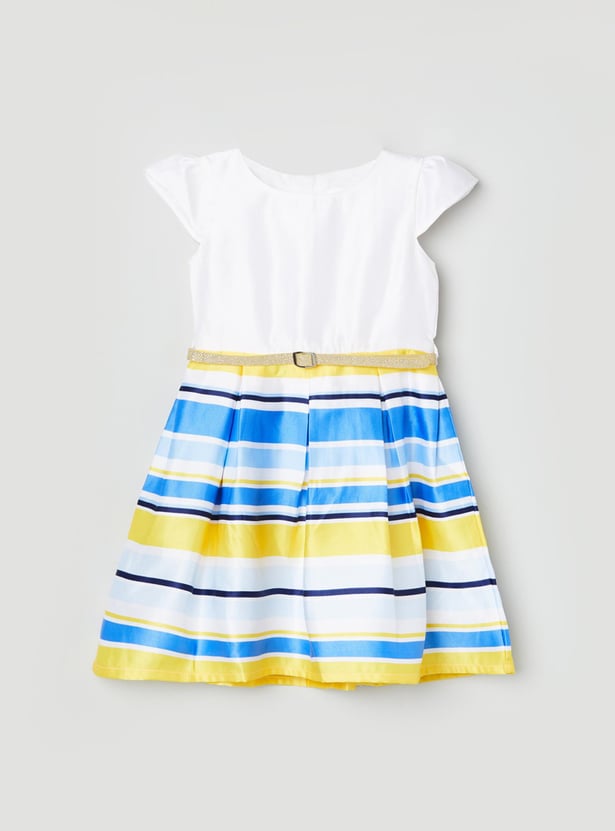 Girls Striped Cap Sleeves A-Line Dress
