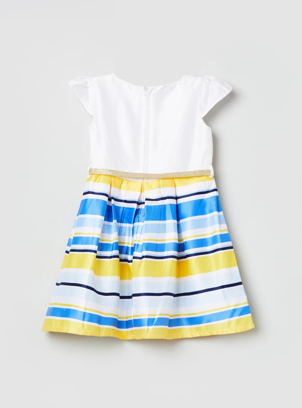 Girls Striped Cap Sleeves A-Line Dress