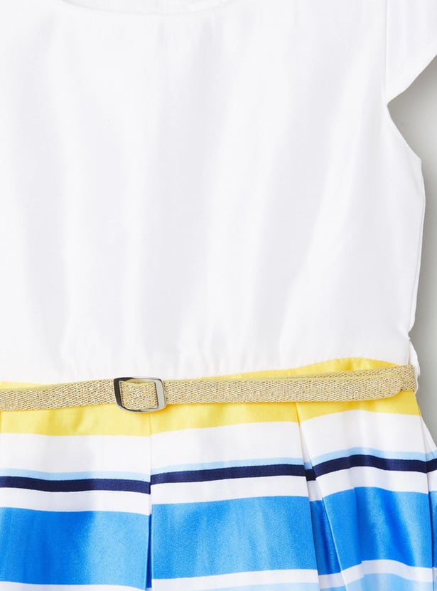 Girls Striped Cap Sleeves A-Line Dress