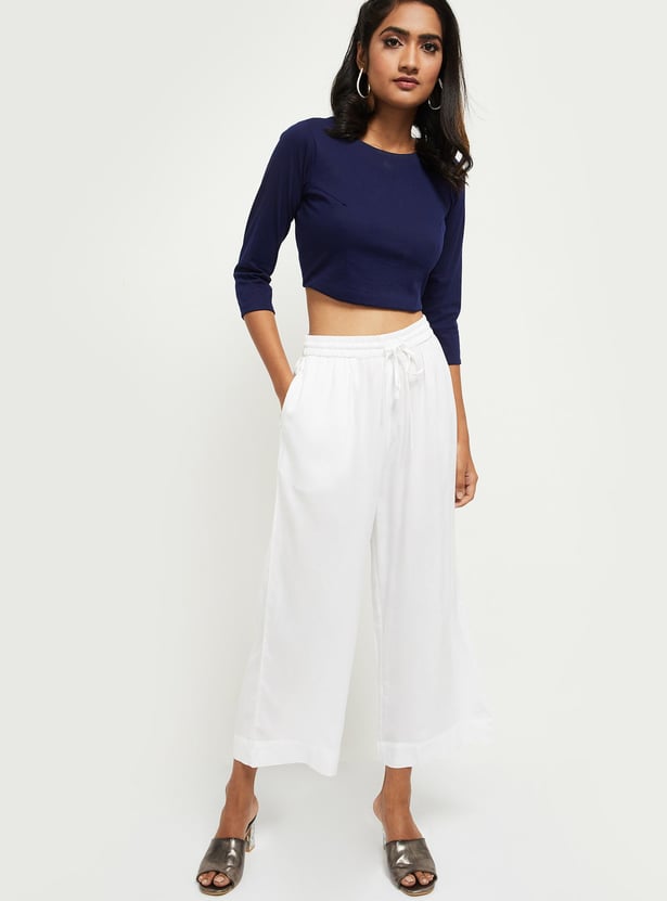 Women Solid Drawstring Waist Straight Pants 