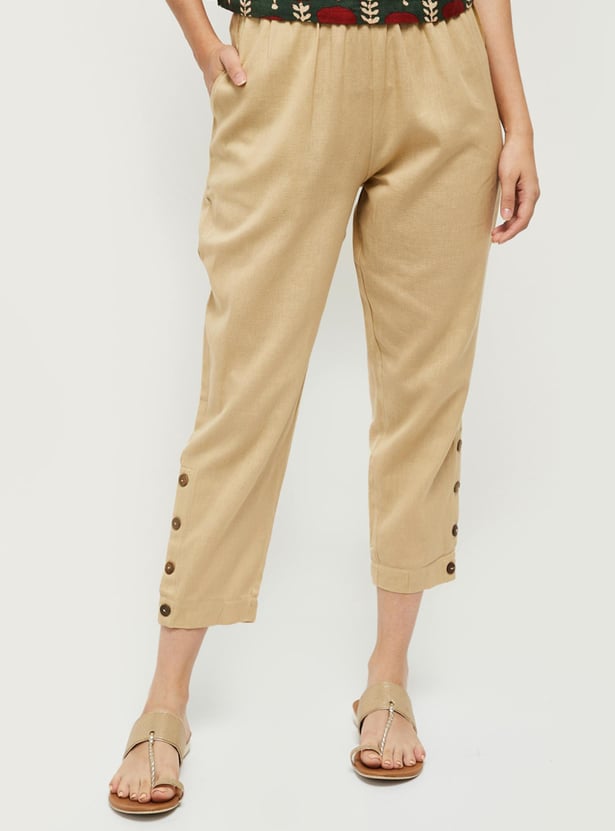 Women Solid Woven Cropped Pants
