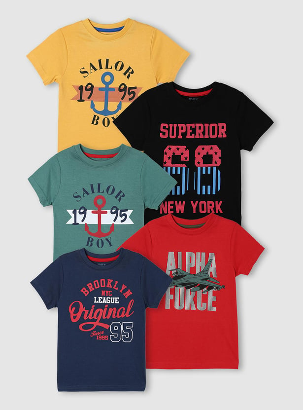 Boys Typographic Printed Crew Neck T-shirt- Pack of 5