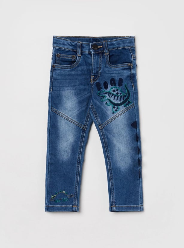 Boys Embroidered Medium Washed Slim Fit Denim Jeans