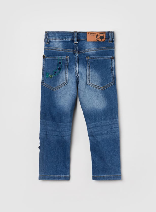 Boys Embroidered Medium Washed Slim Fit Denim Jeans