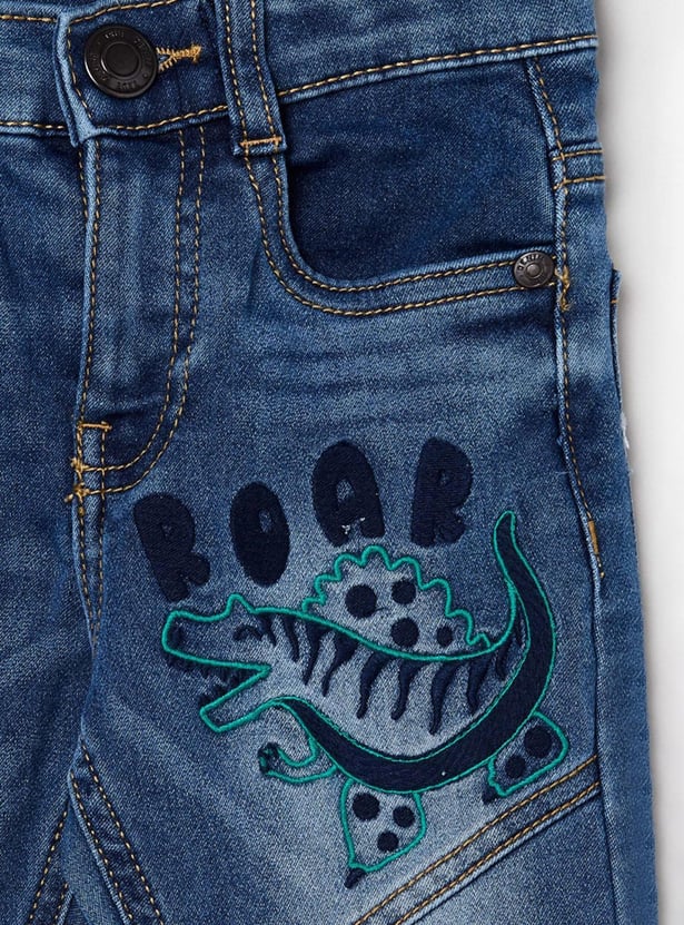 Boys Embroidered Medium Washed Slim Fit Denim Jeans