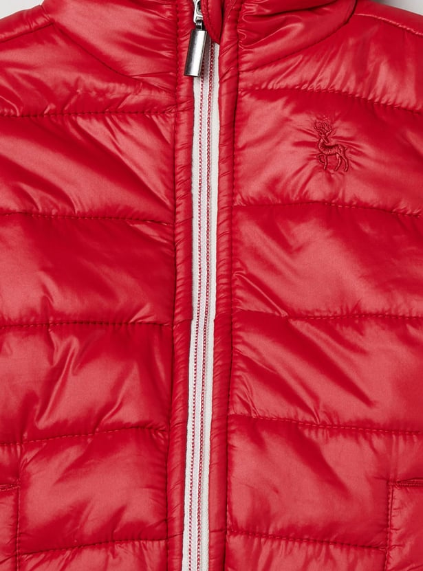 Girls Solid Full Sleeves Quilted Hooded Jacket