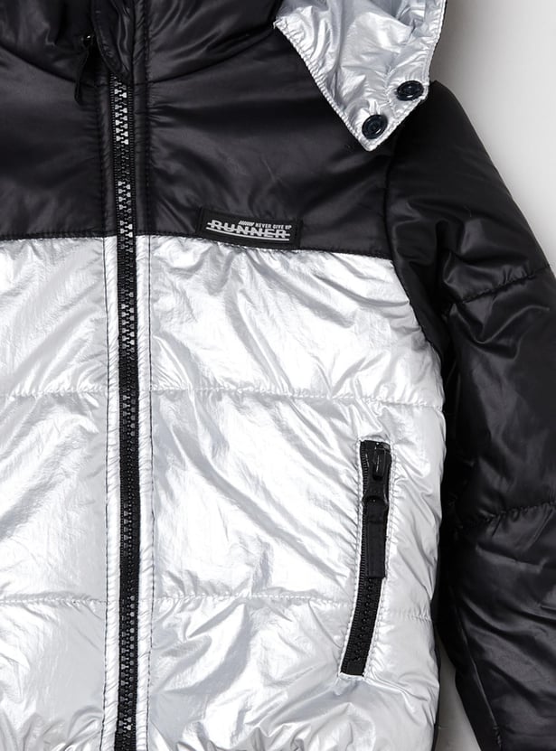 Boys Colourblock Full Sleeves Quilted Hooded Jacket