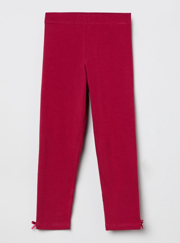 Girls Solid Elasticated Bow Detailed 3/4th Leggings