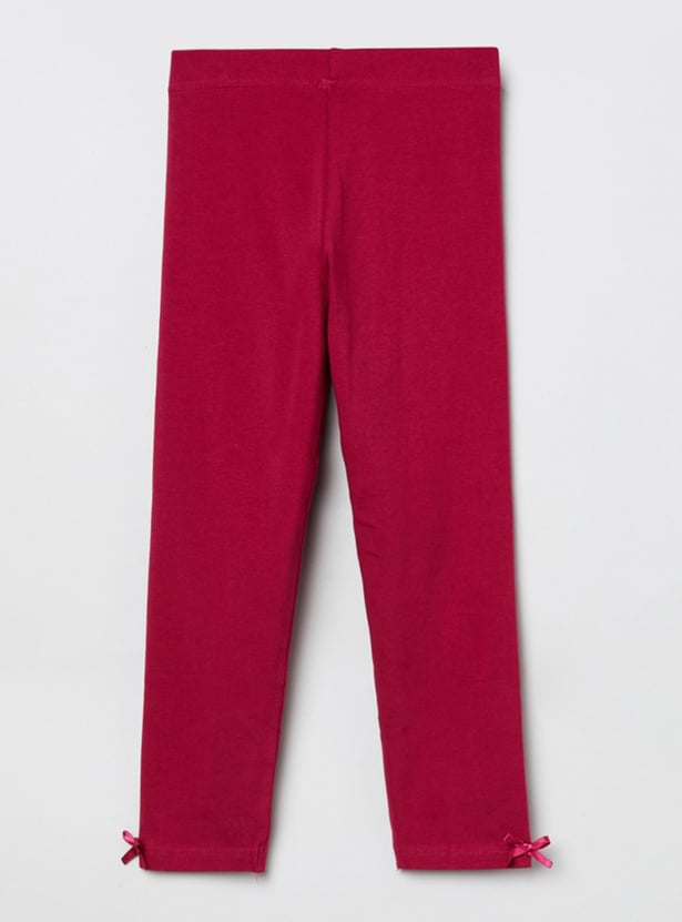 Girls Solid Elasticated Bow Detailed 3/4th Leggings