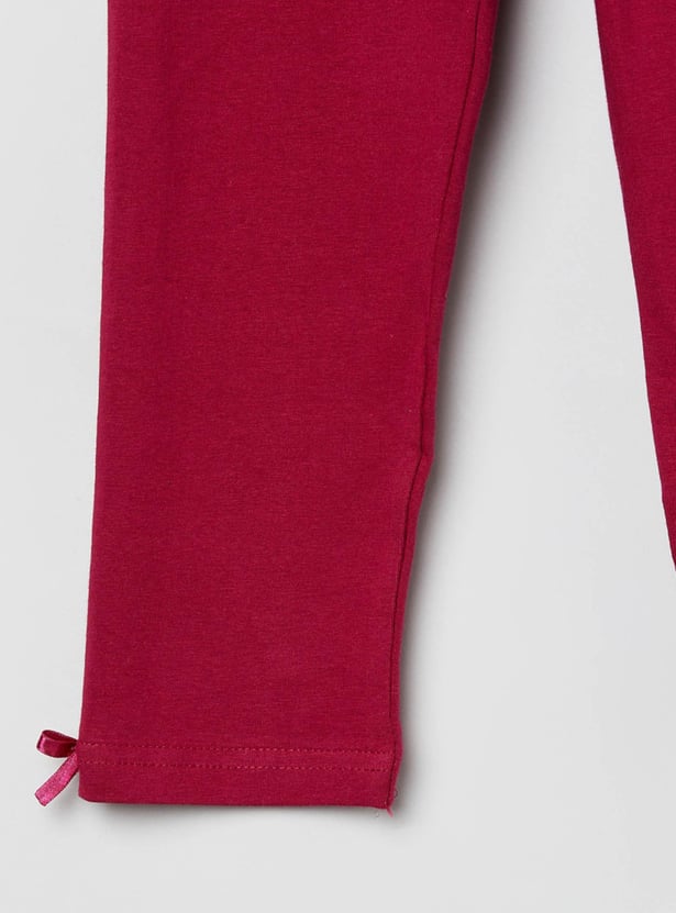 Girls Solid Elasticated Bow Detailed 3/4th Leggings