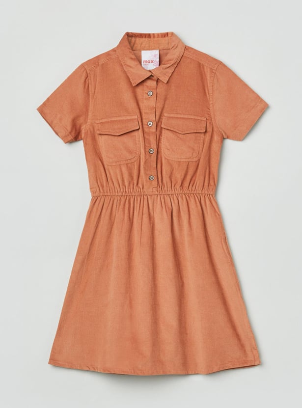 Girls Solid Short Sleeves A-line Dress