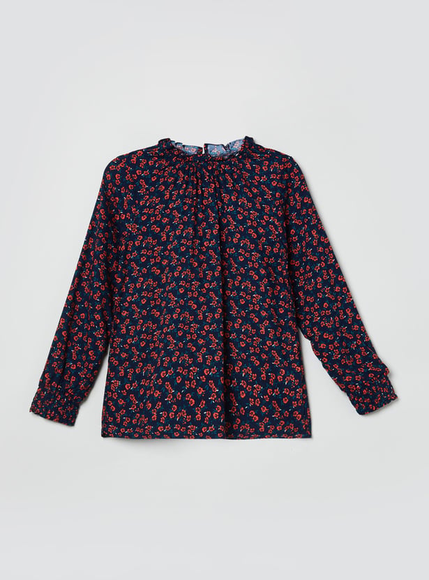 Girls Floral Printed Puffed Sleeves Top
