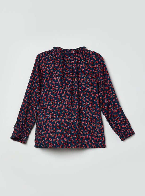Girls Floral Printed Puffed Sleeves Top