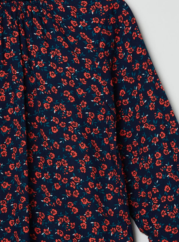 Girls Floral Printed Puffed Sleeves Top