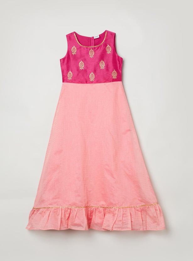 Girls Embellished Round Neck A-Line Ethnic Dress
