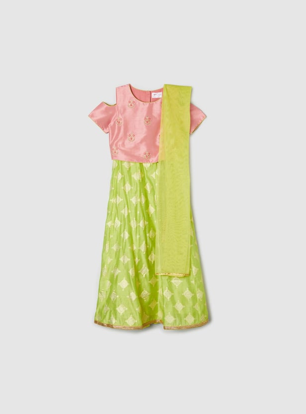 Girls Floral Embroidered Lehenga with Choli and Dupatta
