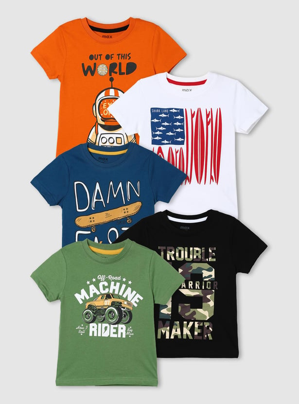 Boys Typographic Printed Crew Neck T-shirt- Pack of 5