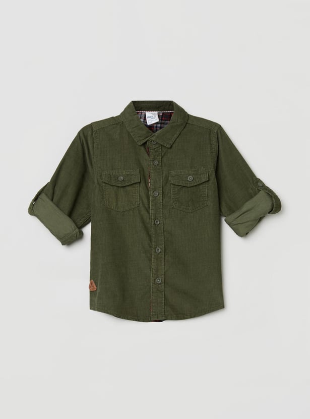 Boys Solid Spread Collar Corduroy Shirt