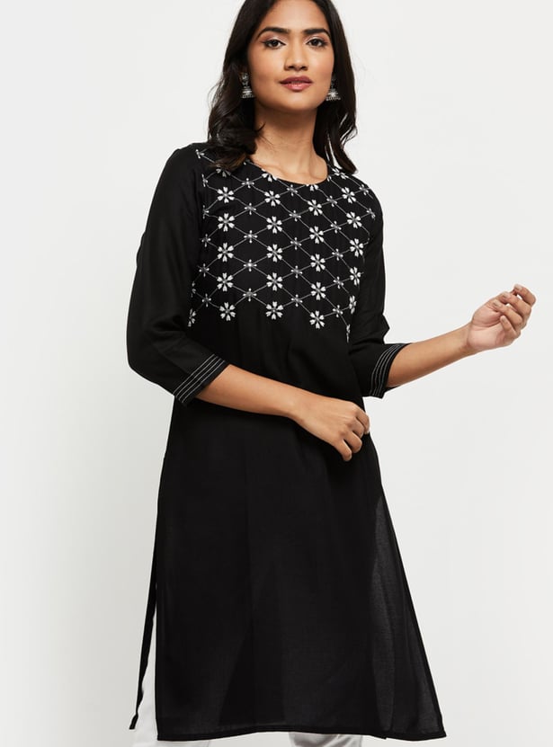 Women Cotton Embroidered Straight Kurta