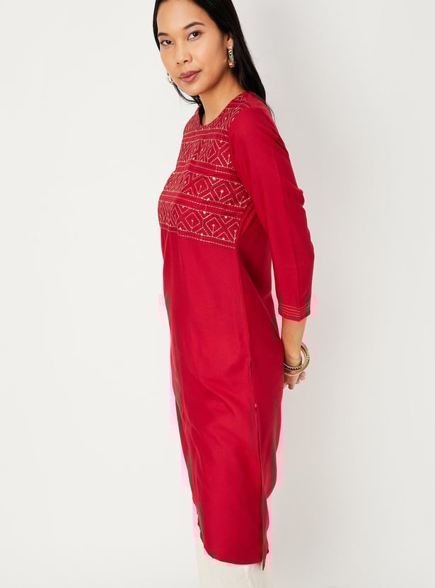 Women Embroidered Straight Cotton Kurta