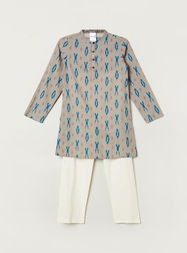Boys Printed Band Collar Kurta With Solid Pyjamas