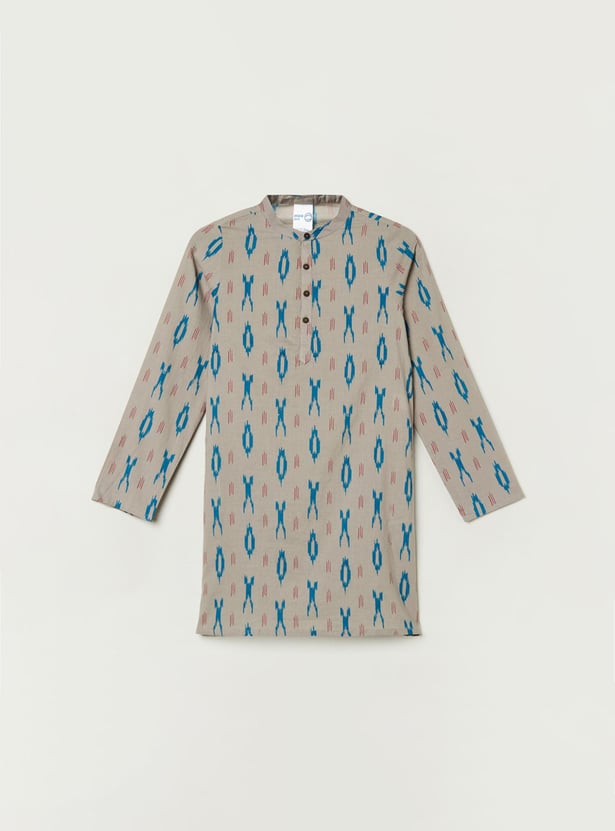 Boys Printed Band Collar Kurta With Solid Pyjamas