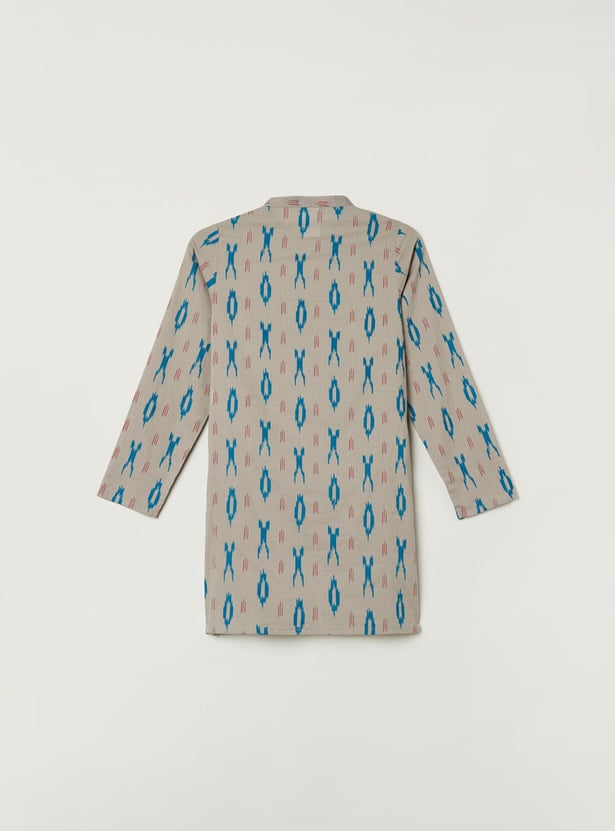 Boys Printed Band Collar Kurta With Solid Pyjamas