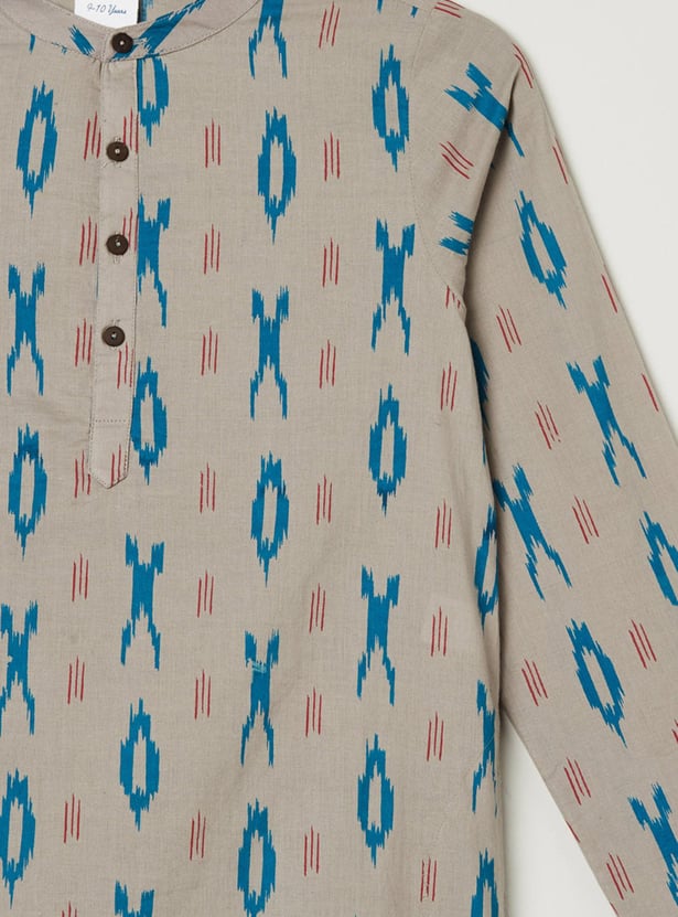 Boys Printed Band Collar Kurta With Solid Pyjamas