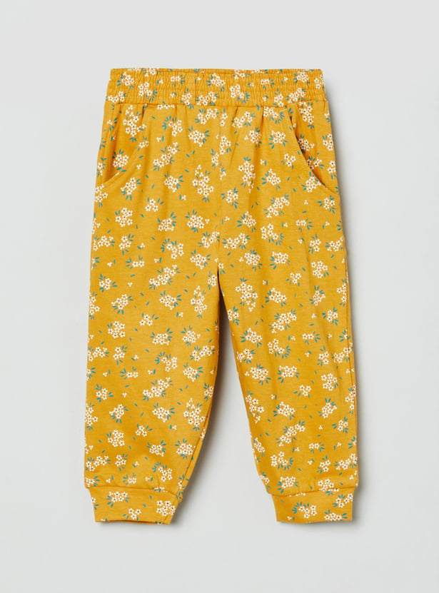 Girls Floral Print Full Length Knit Trousers