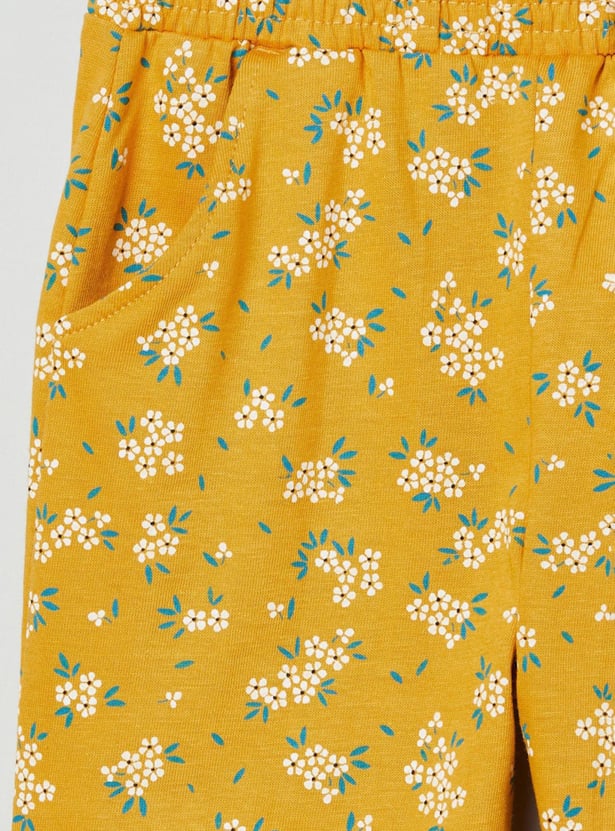 Girls Floral Print Full Length Knit Trousers