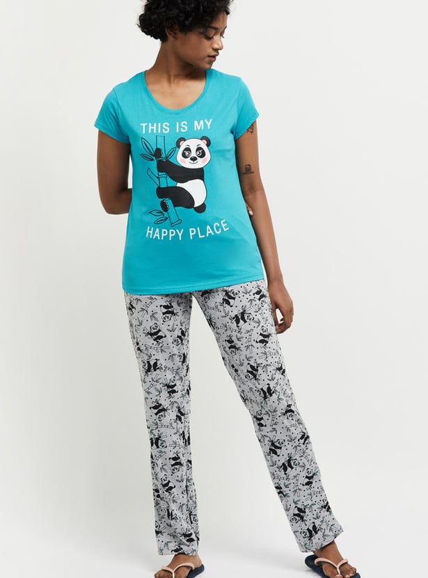Women Printed Lounge T-shirt with Elasticated Pyjamas