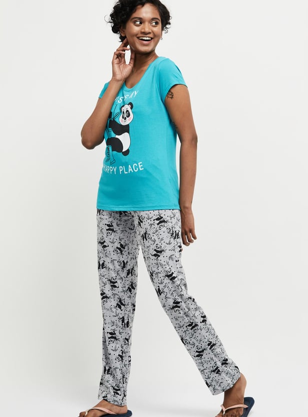 Women Printed Lounge T-shirt with Elasticated Pyjamas