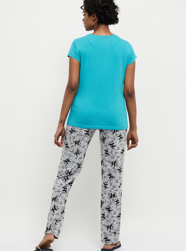 Women Printed Lounge T-shirt with Elasticated Pyjamas