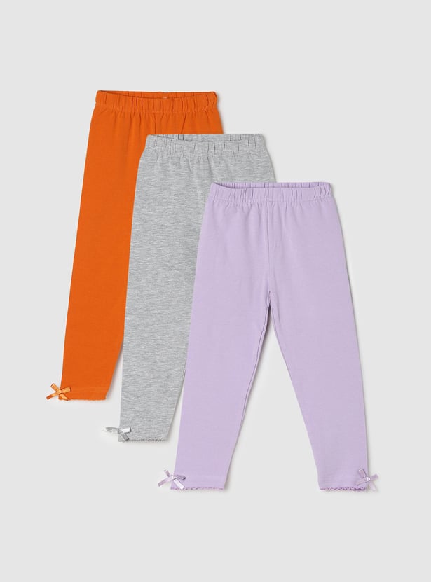 Girls Solid Leggings with Bow Detail - Pack of 3